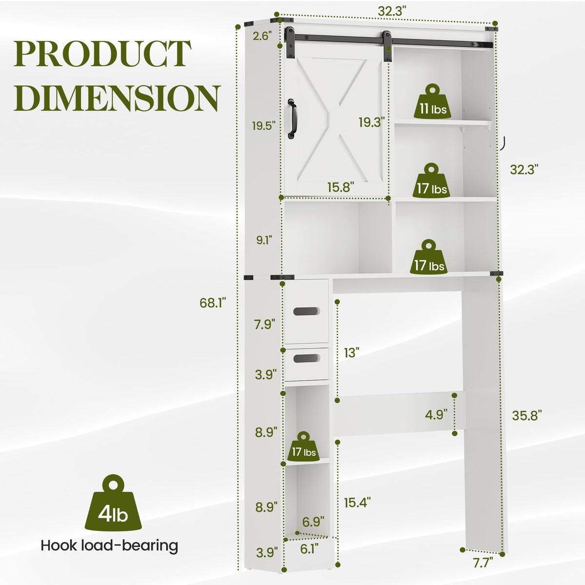 RoyalCraft Over The Toilet Storage Cabinet, Farmhouse Storage Cabinet Over Toilet with Sliding Barn Door, Home Space-Saving Toilet Rack, Behind Toilet Bathroom Organizer for Bathroom, White