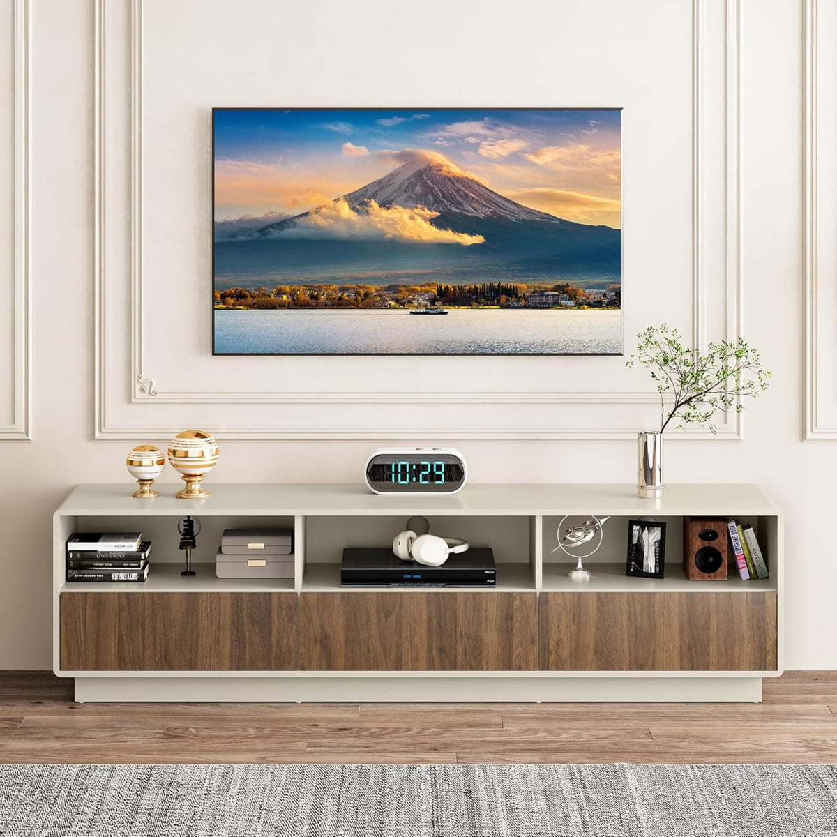 Superjoe 70" Large TV Stand with Storage and Led Lights, Console Table with 3 Drawers, TV Entertainment Center for up to 75" Television, Wood TV Media Cabinet for Living Room Bedroom, Beige & Walnut