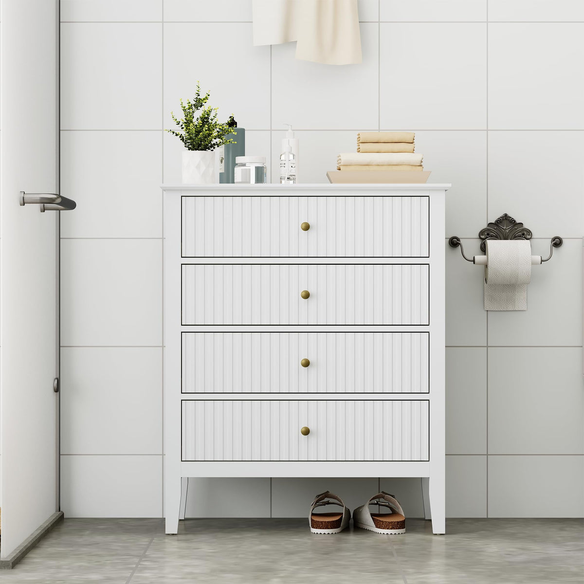 RoyalCraft White Fluted 4 Drawer Dresser for Bedroom, Modern Chest of Drawers, Wood Dresser for Storage Clothes, Wooden Storage Cabinet Nightstand for Bedroom, Hallway, Living Room, Entryway