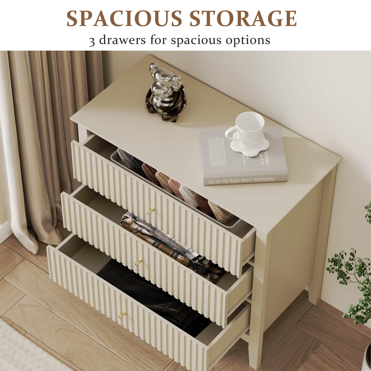 Mayincolor Large Fluted 3 Drawer Dresser, Wide Chest of Drawers with Modern Nightstand Cabinet Wood Dresser with Spacious Storage for Bedroom, Hallway, Living Room, Entryway, Beige