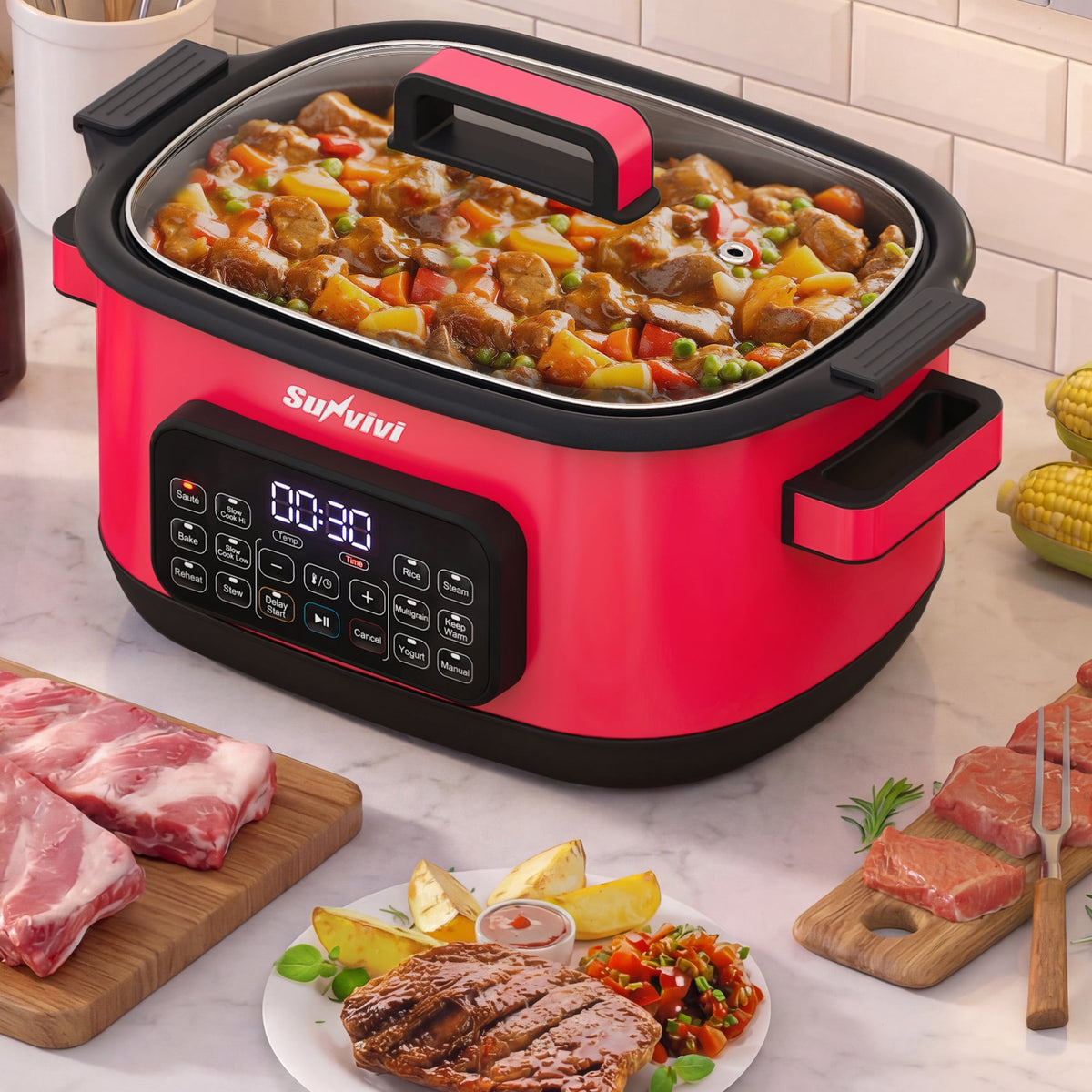 Royalcraft 12-in-1 Digital Programmable Slow Cooker, 6.5 QT Large Multicooker, Multi-Cooker with Timer, Temp Control, Red