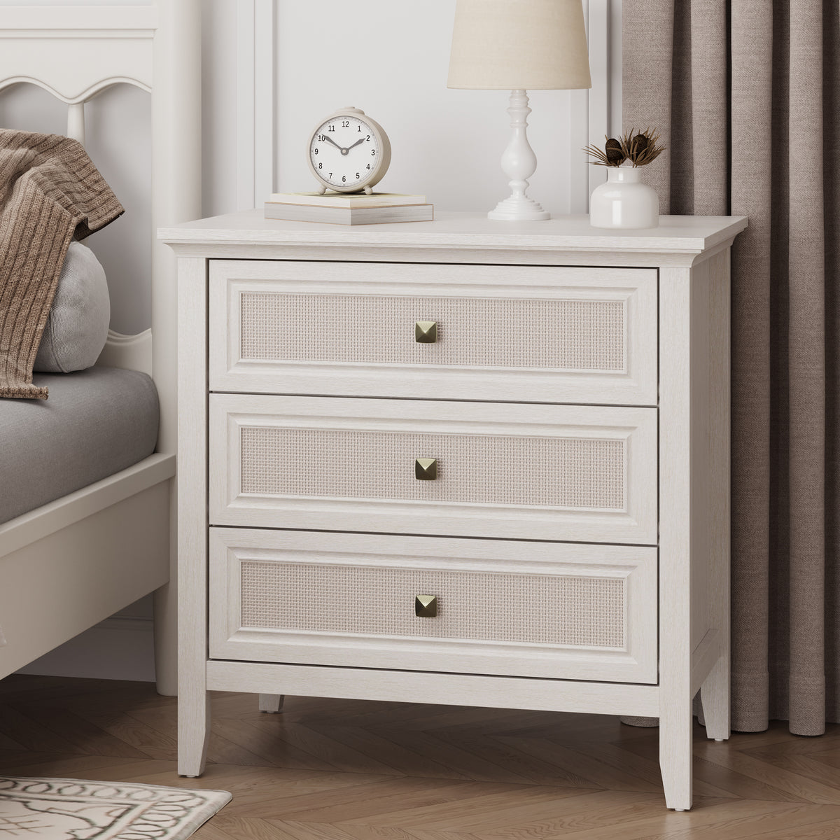 RoyalCraft 3 Drawer Dresser, Cane Nightstand with Rattan Decorated Drawers, Tall Bedside End Table for Bedroom, Living Room, Entryway, Coffee