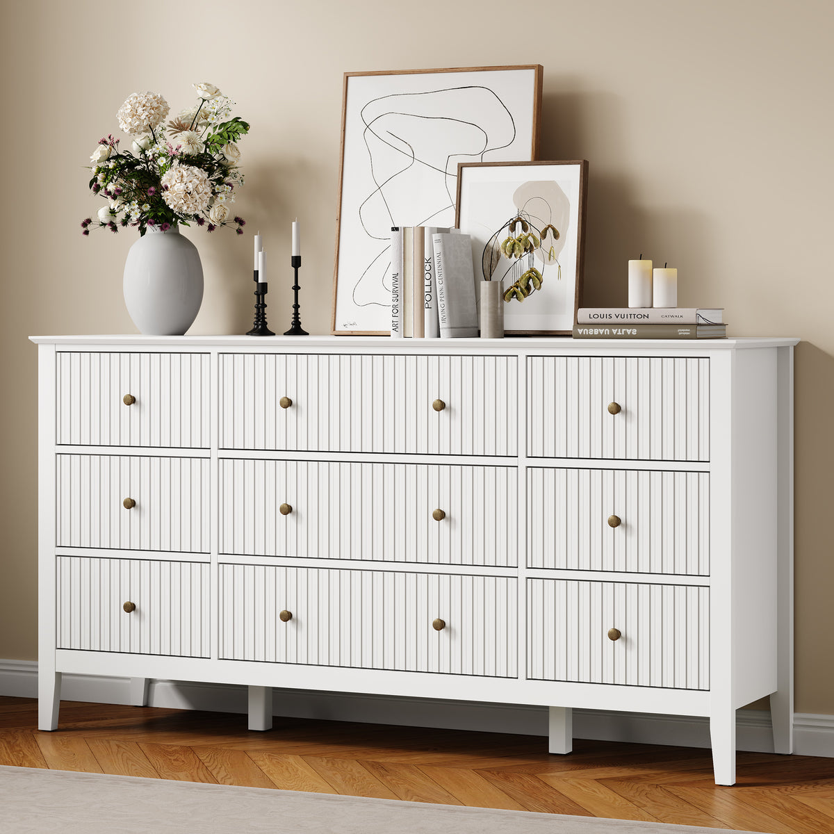 Royalcraft Fluted 9 Drawer Dresser, 59'' Wide Modern Chest of Drawers with Metal Handles, Wooden TV Stand Storage Organizer for Bedroom, Living Room, Entryway, White
