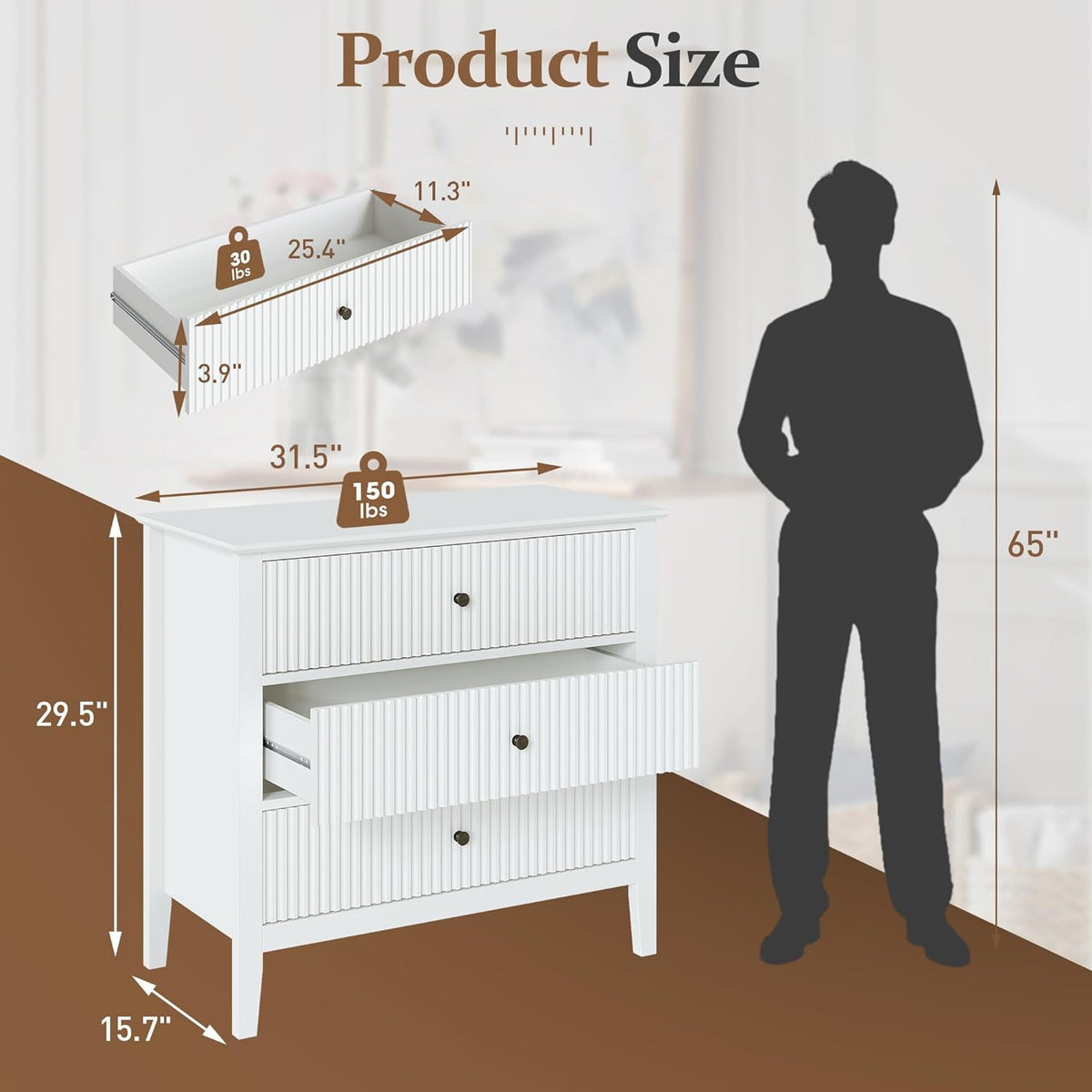 Superjoe White 3 Drawer Dresser with Fluted Panel, Modern Chest of Drawers with Silent Slide Drawers for Bedroom Living Room, Nursery, Hallway