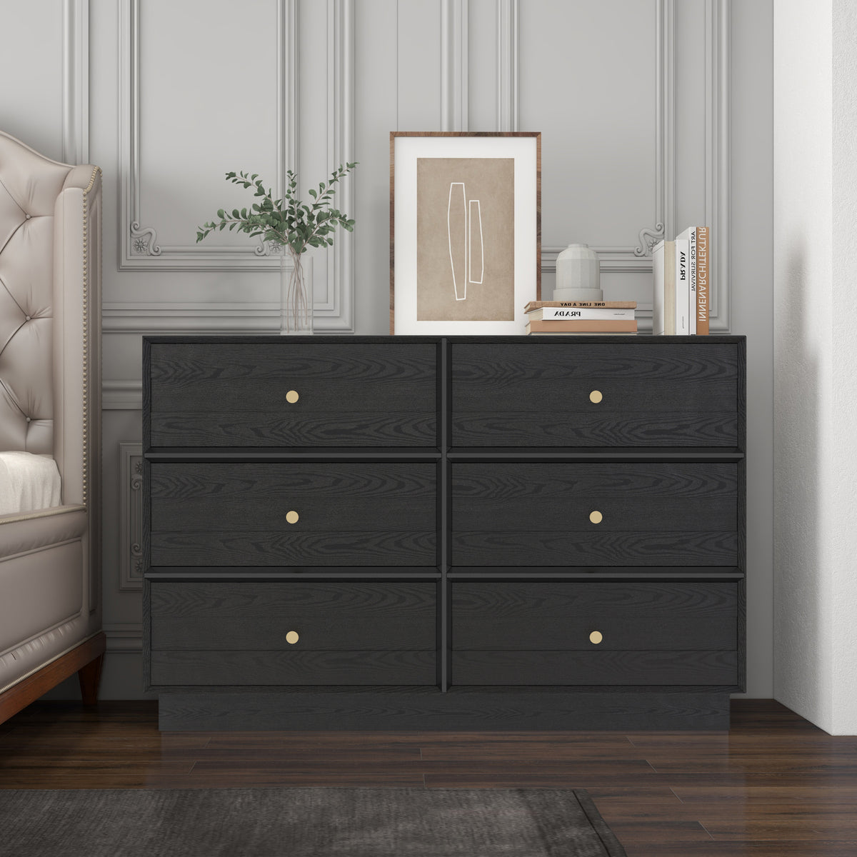 Royalcraft 6 Drawer Dresser, Modern Closet Dressers Chest of Drawers with Crystal Knobs & Decorative Painted Strip, Wood Storage Cabinet for Bedroom Living Room Hallway Closet