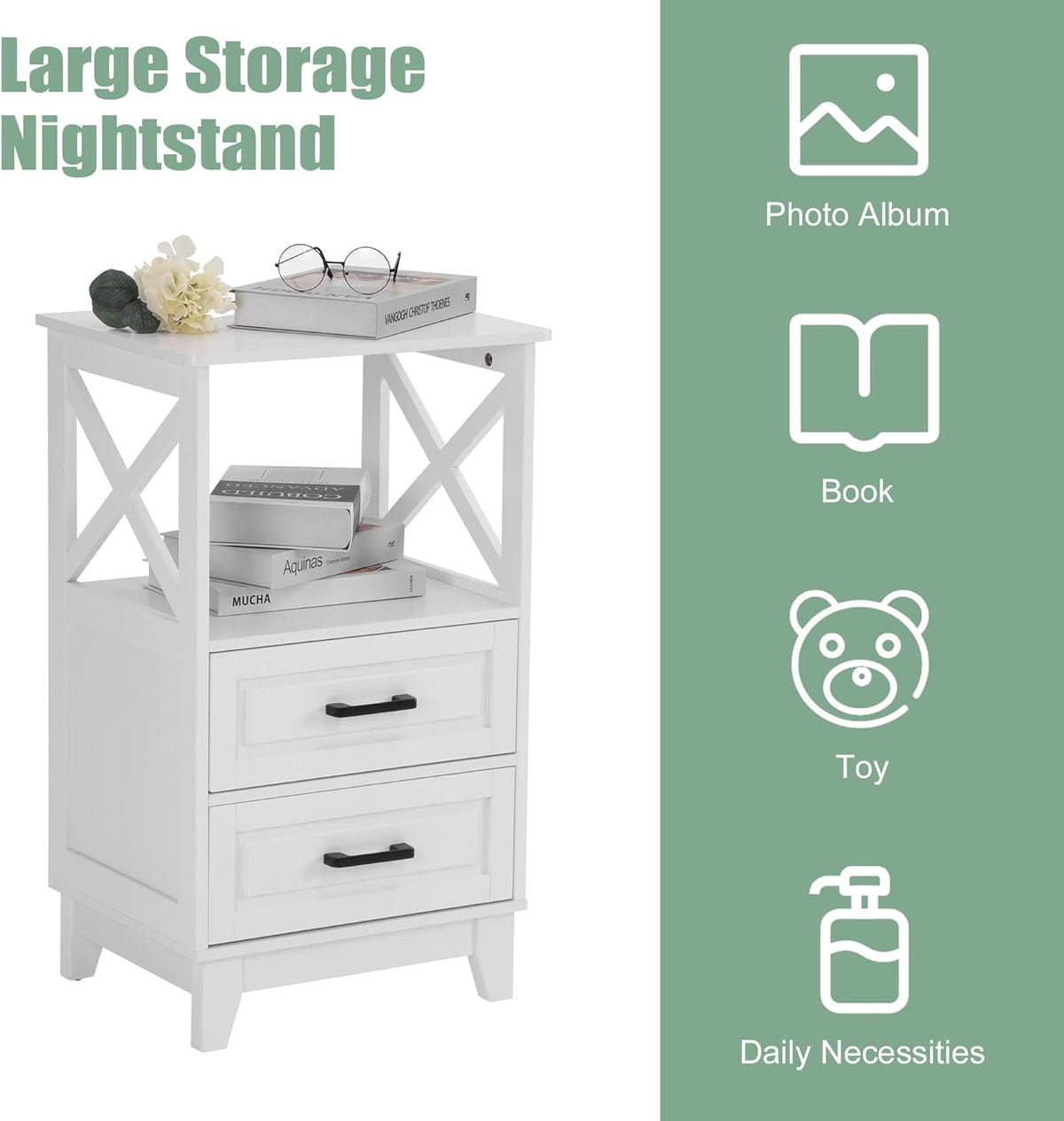 RoyalCraft Nightstand with 2 Storage Drawers, Tall End Table with Wooden x-Design for Bedroom ,  White