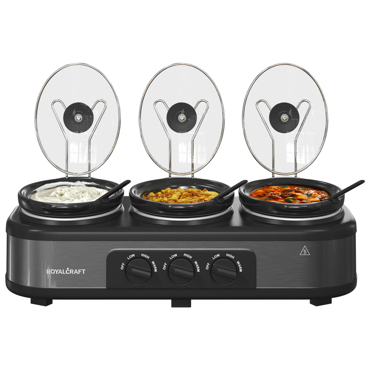 RoyalCraft Triple Slow Cooker - Effortlessly Cook and Serve Multiple Meals at Once, 3 Nylon Spoons , Adjustable Temp, Entrees, Sauces, Stews & Dips, Dishwasher Safe Glass Lid & Crock Ceramic Pot, 1.5 Quart 3 Crock Cooker Pot, Stainless Steel