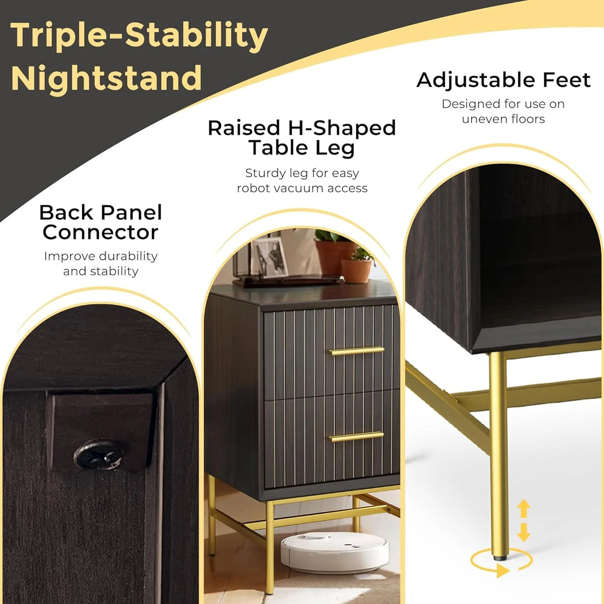 RoyalCraft Nightstands Set of 2, Wood Side Table with Drawer, 2-Tier End Table with Adjustable Feet and Metal Leg, Modern Night Stands Cabinet for Bedroom, Living Room, Home Office, Charcoal Walnut