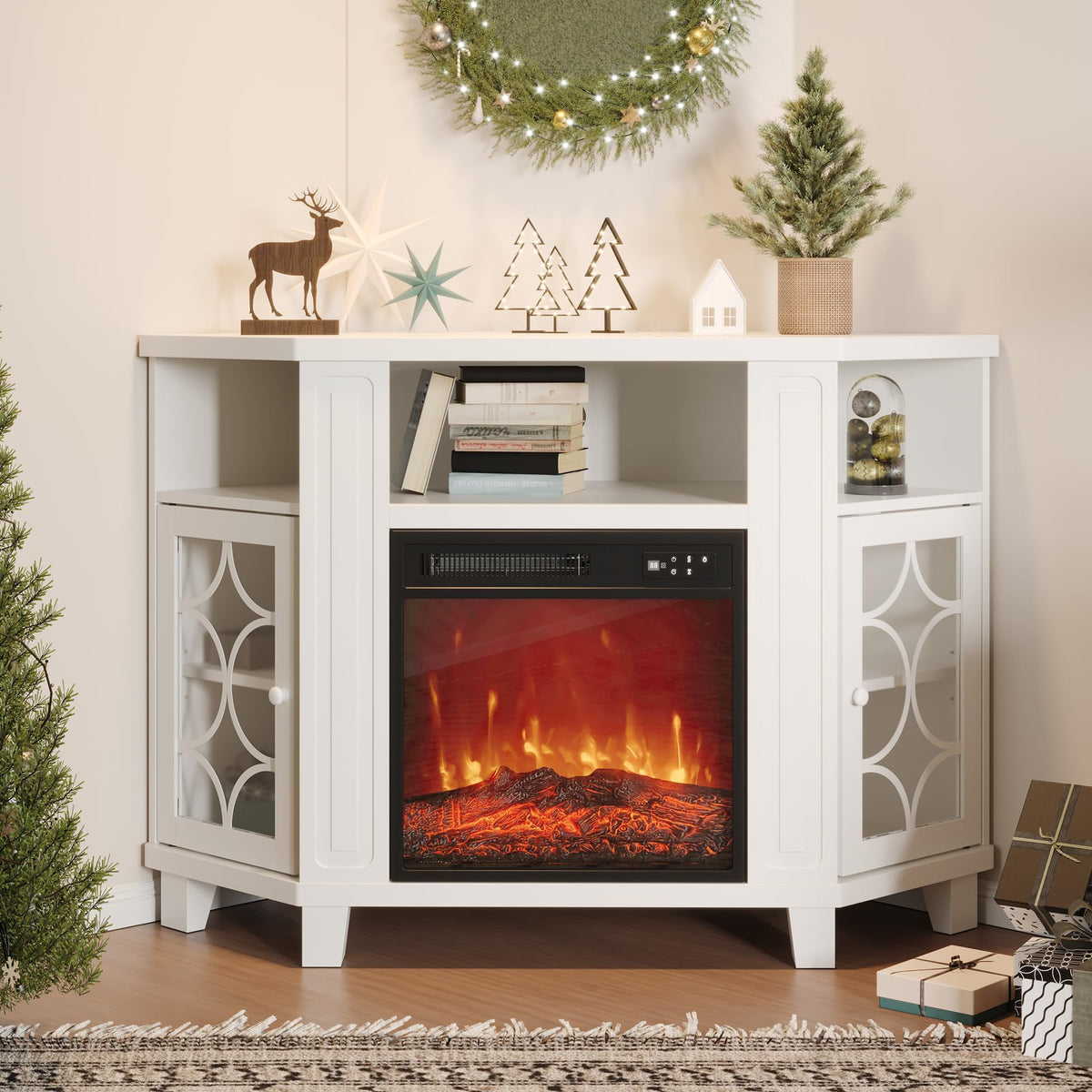 CozyHome Corner TV Stands with 18'' Fireplace, Media Console Table with Adjustable Shelves & Acrylic Doors, Entertainment Center for TVs up to 55'', Corner Cabinet for Living Room, Bedroom, White