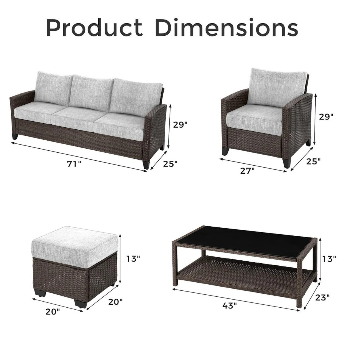 RoyalCraft Outdoor Patio Furniture Set, 6 Piece Outdoor Rattan Sofa Set, All Weather Wicker Conversation Set with Coffee Table, Ottomans for Porch Backyard Garden