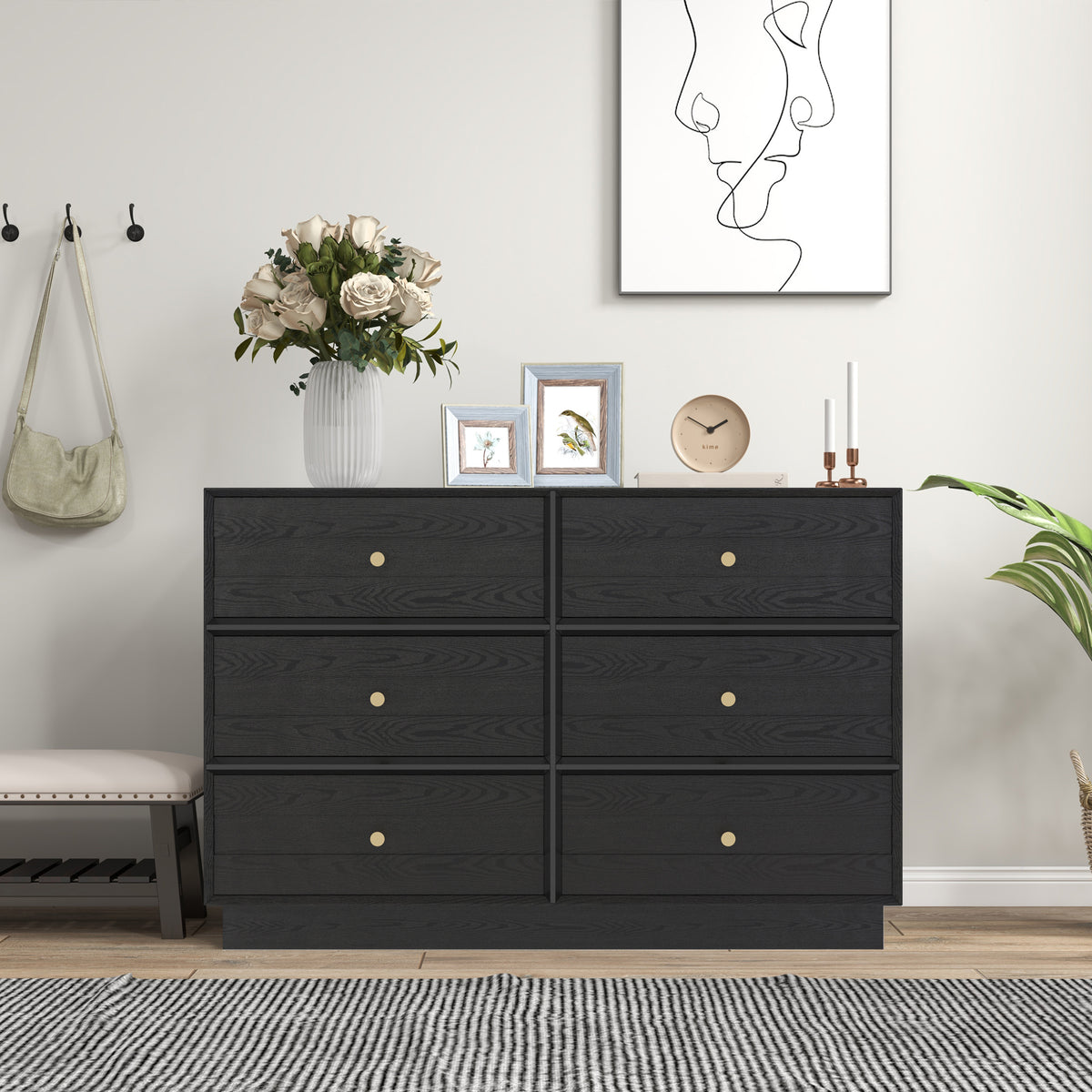 Royalcraft 6 Drawer Dresser, Modern Closet Dressers Chest of Drawers with Crystal Knobs & Decorative Painted Strip, Wood Storage Cabinet for Bedroom Living Room Hallway Closet