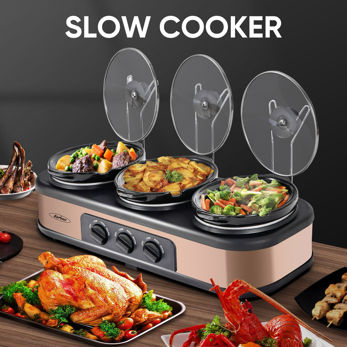 Royalcraft Double Slow Cooker, 2 Pot 1.25 Quart Oval Crock Food Warmer Buffet Server, Stainless Steel