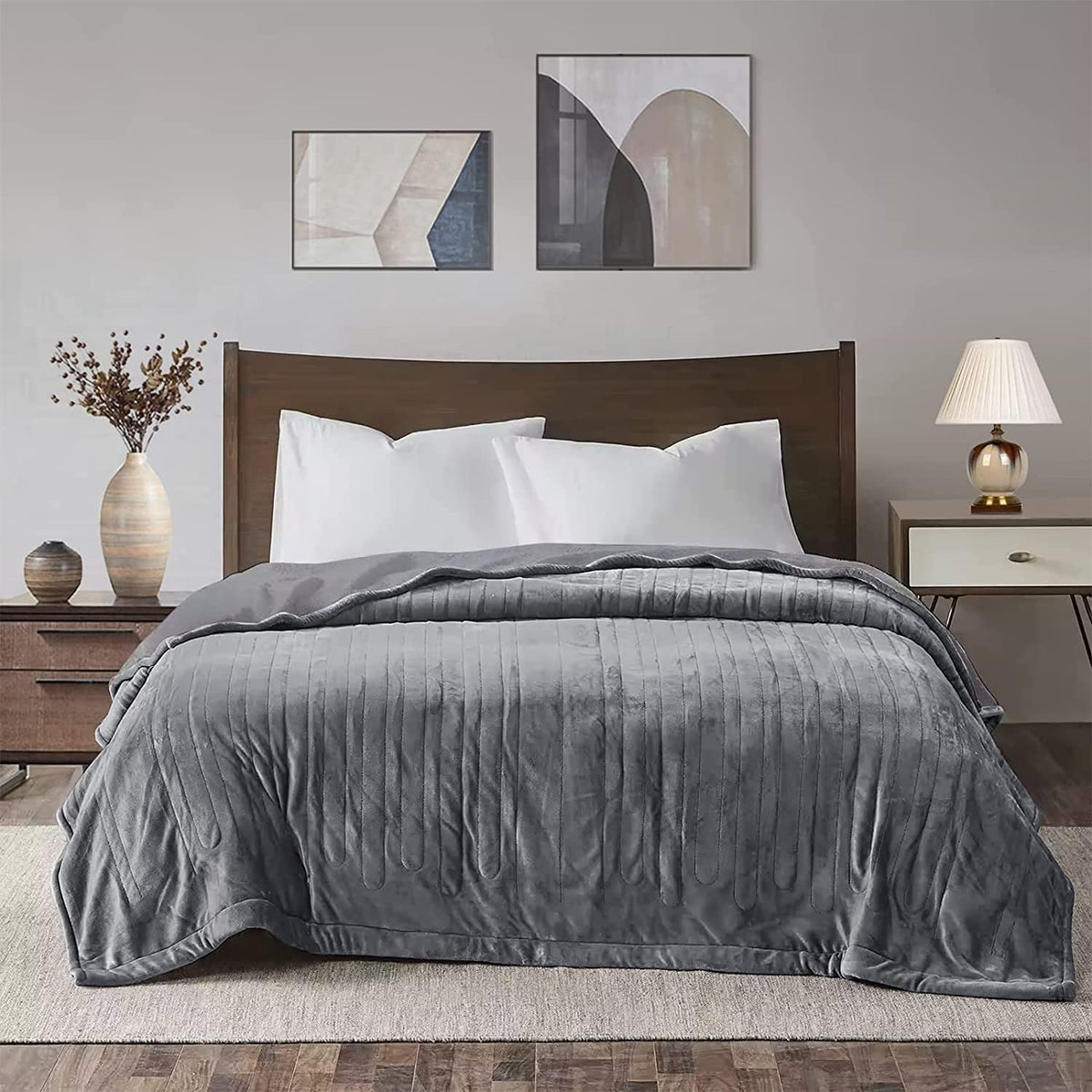 Royalcraft Electric Blanket Queen Size 84"x90" Flannel Heated Throw Blanket, Dual Controls Setting Electric Blanket, 10 Heating Levels, 12H Auto-off, Grey electric blanket