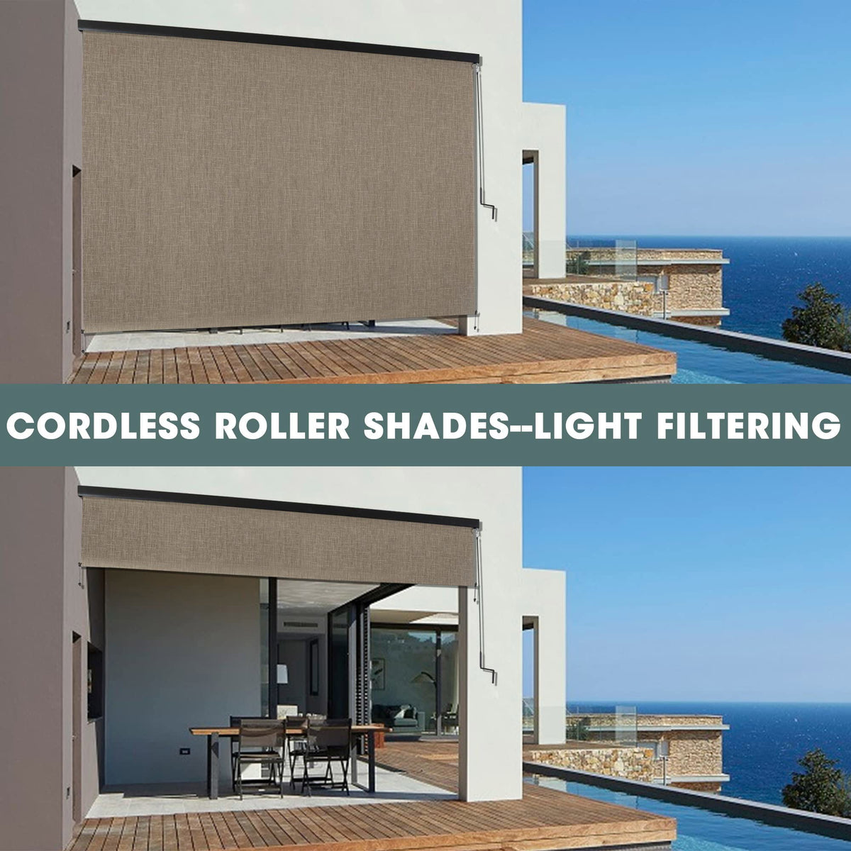 Royalcraft Cordless Outdoor Roller Sun Shade with Pole，8'Wx8'H 420GSM 95% Blockout Waterproof Outdoor Blinds Roll Up for Gazebo Porch, Deck, Pergola,Brown