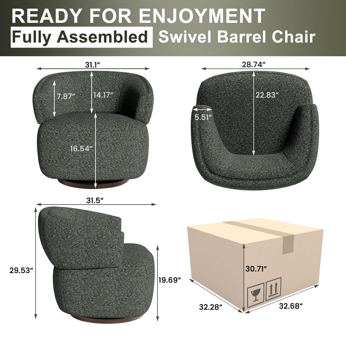 Superjoe Swivel Accent Chair, Fully Assembled Round Barrel Chairs, Oversized Upholstered Armchair with 360-Degree Base, Modern Club Chair for Living Room, Bedroom, Office, Green