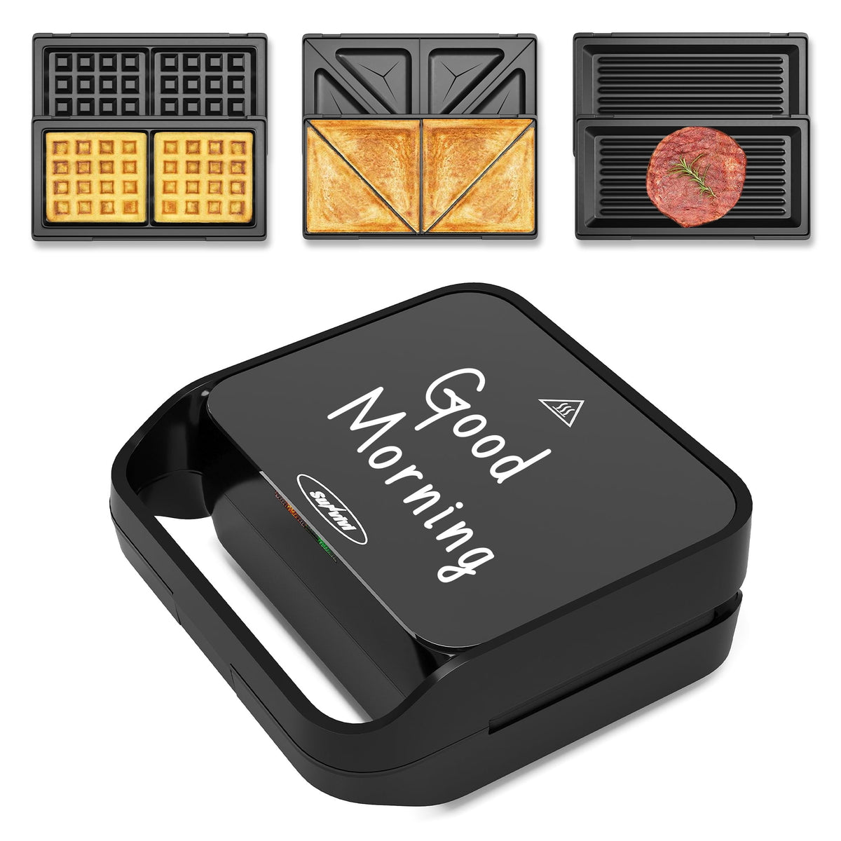 Royalcraft 3-in-1 Electric Sandwich Maker & Waffle Grill, 850W Panini Press with Non-Stick Removable Plates & Tempered Glass Top, Cool Touch Handle, Easy to Clean, Black