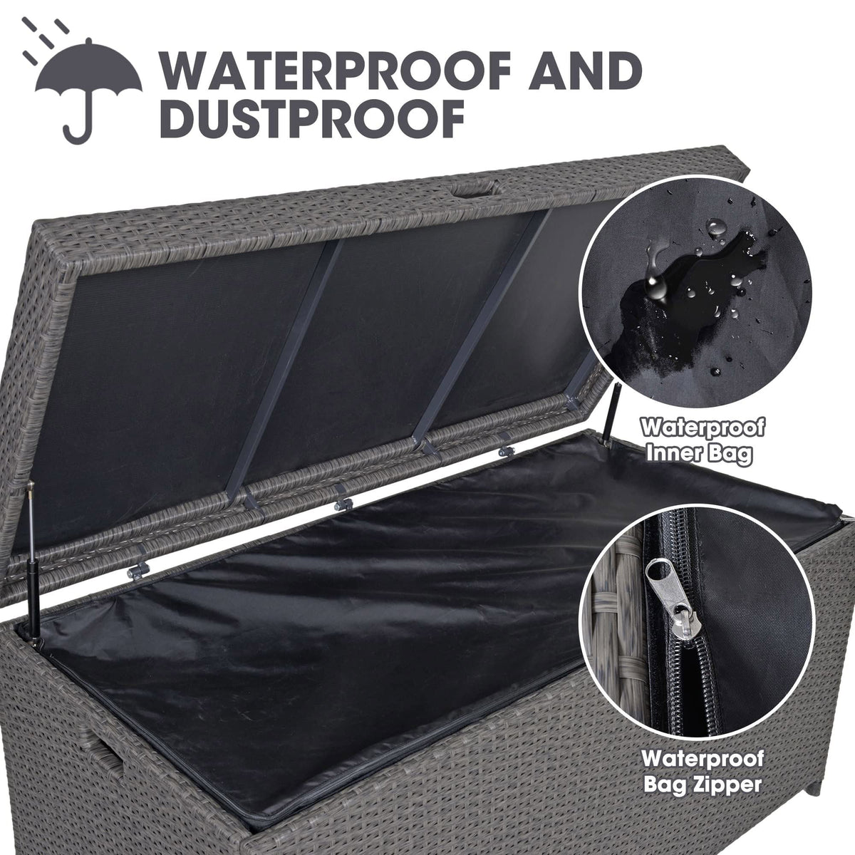 Royalcraft Outdoor Storage Box, 140 Gallon Grey PE Wicker Patio Storage Bin Patio Deck Boxes with Waterproof Inner