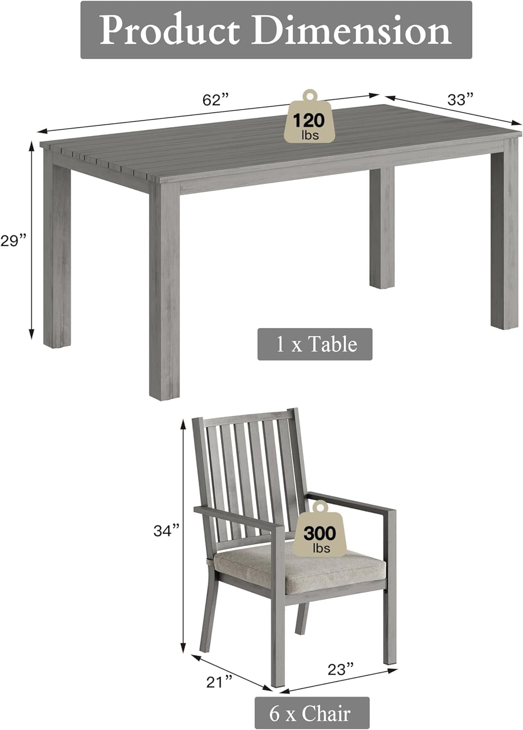 RoyalCraft 7 Pieces Patio Dining Sets, Aluminum Outdoor Dining Table with 6 Chairs, Outdoor Patio Dining Furniture Set with Removable Cushion for Lawn, Garden, Backyard, Gray