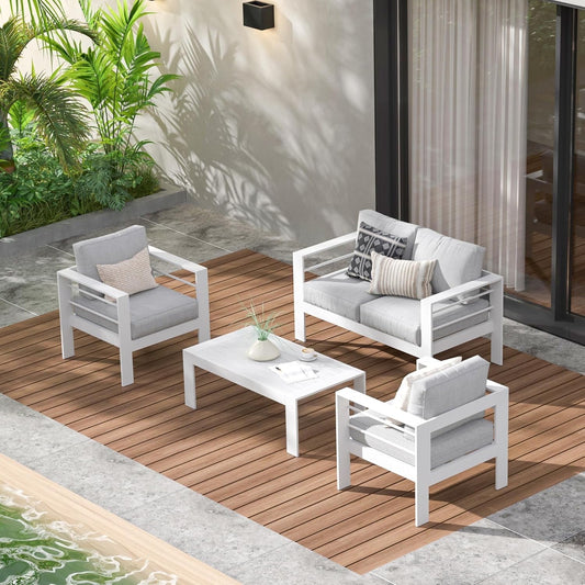 Superjoe Outdoor Aluminum Furniture Set 4 Pcs Patio Sectional Chat Sofa Conversation Set with Table,White