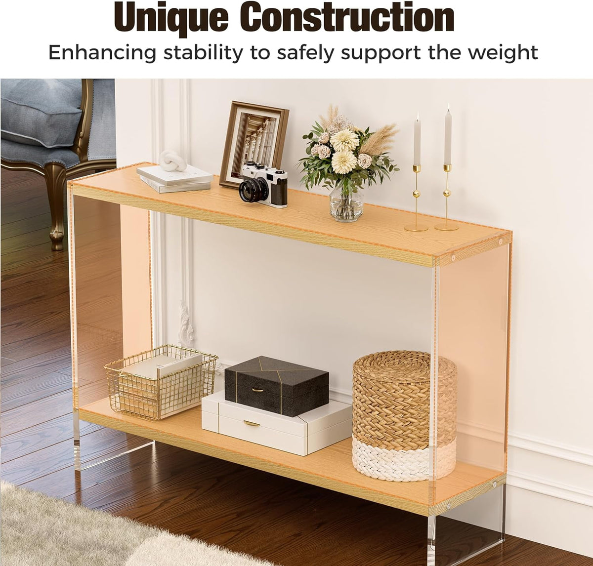 Acrylic Console Table, 47.24" Modern Entryway Table with Storage Shelf, Clear Acrylic Doorway Table, 2-Tier Sofa Table for Living Room, Bedroom, Hallway, and Dining Room (Natural Oak)