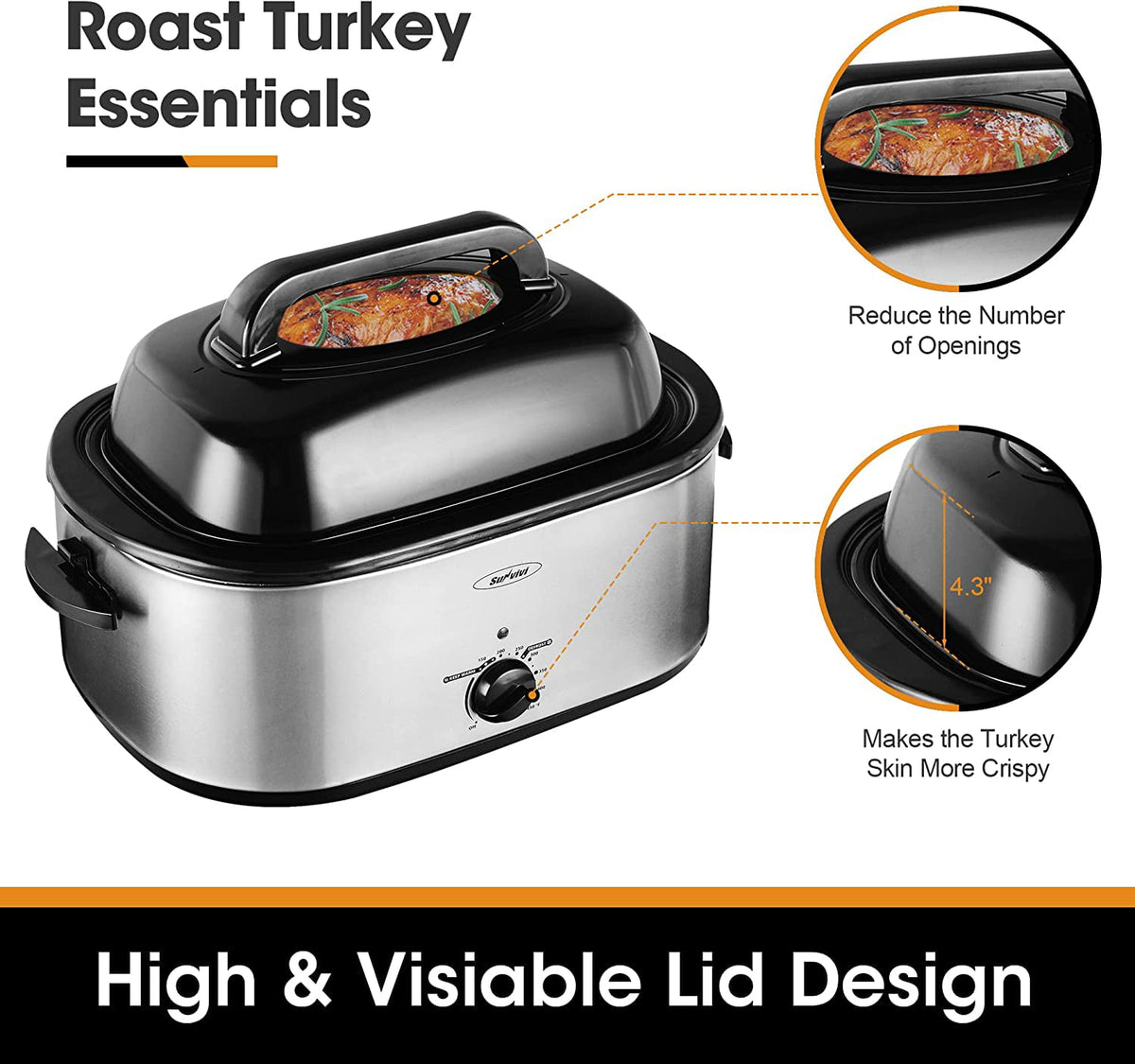 RoyalCraft 26 Quart Electric Turkey Roaster Oven with Visible & Self-Basting Lid, Stainless Steel