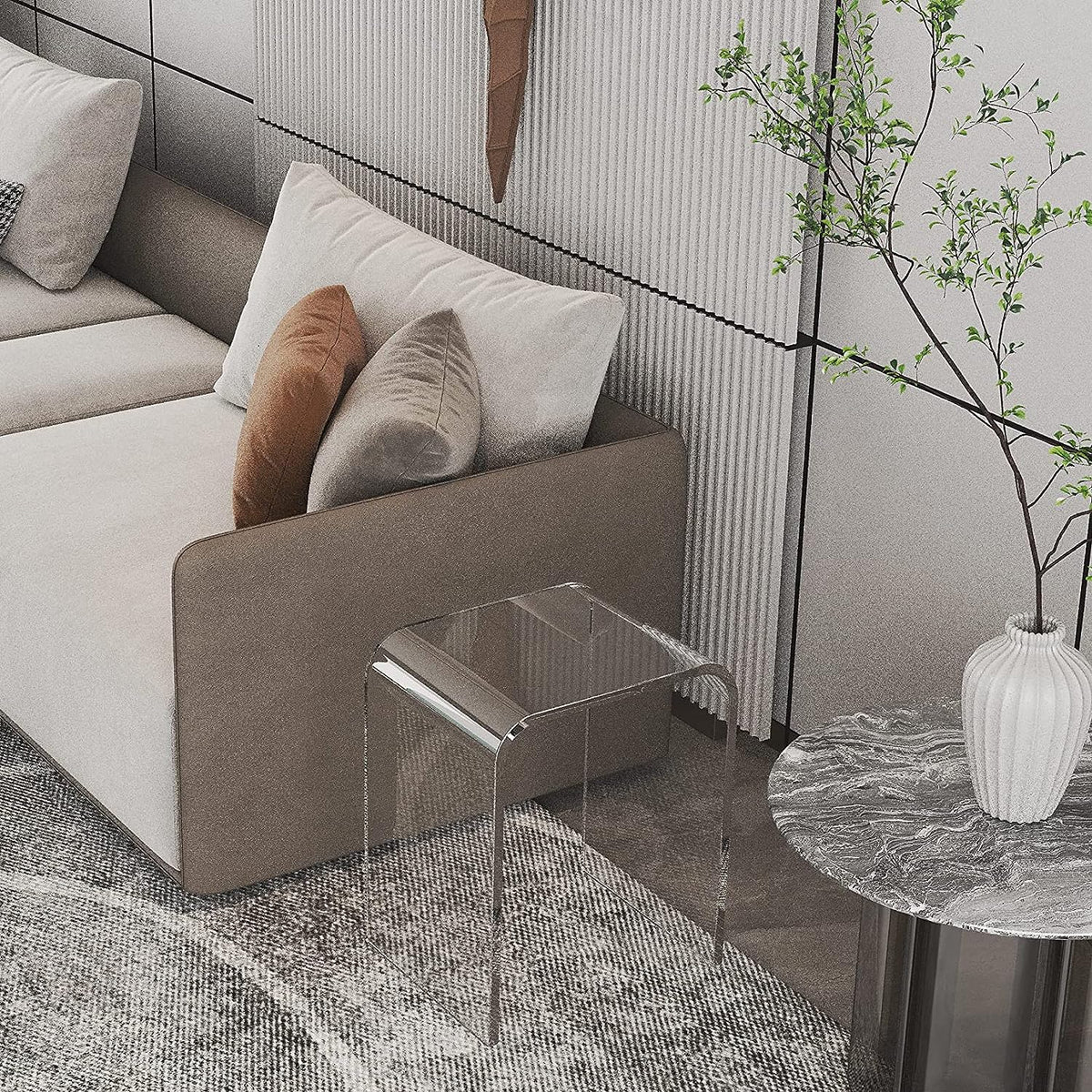 Royalcraft Acrylic End Table, Modern Lucite Side Table with Waterfall Edges, Contemporary Square Nightstand and Stool for Living Room and Bedroom, Clear