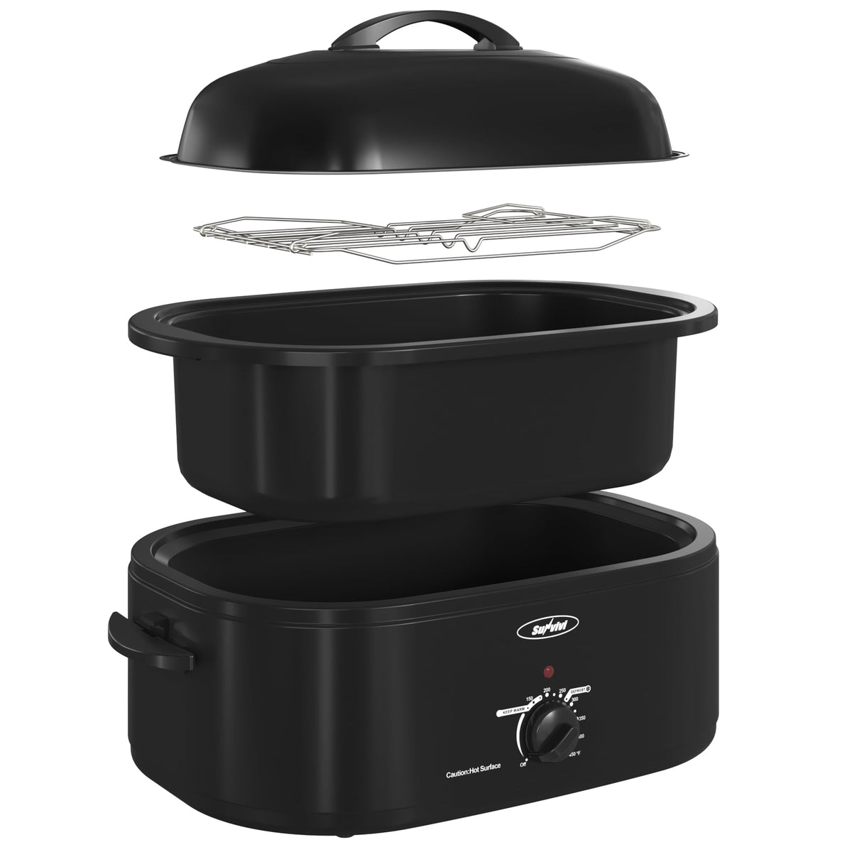 RoyalCraft 20 Quart Electric Turkey Roaster Oven with Visible Glass Lid, with Removable Pan & Rack, Stainless Steel, Black