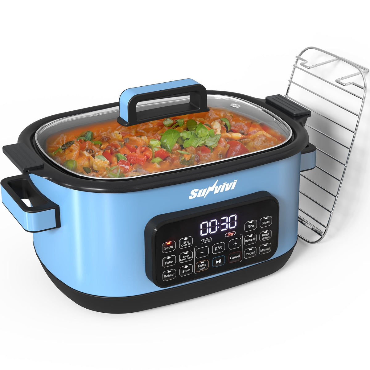 Royalcraft 12-in-1 Digital Programmable Slow Cooker, 6.5 QT Large Multicooker, Multi-Cooker with Timer, Temp Control, Blue