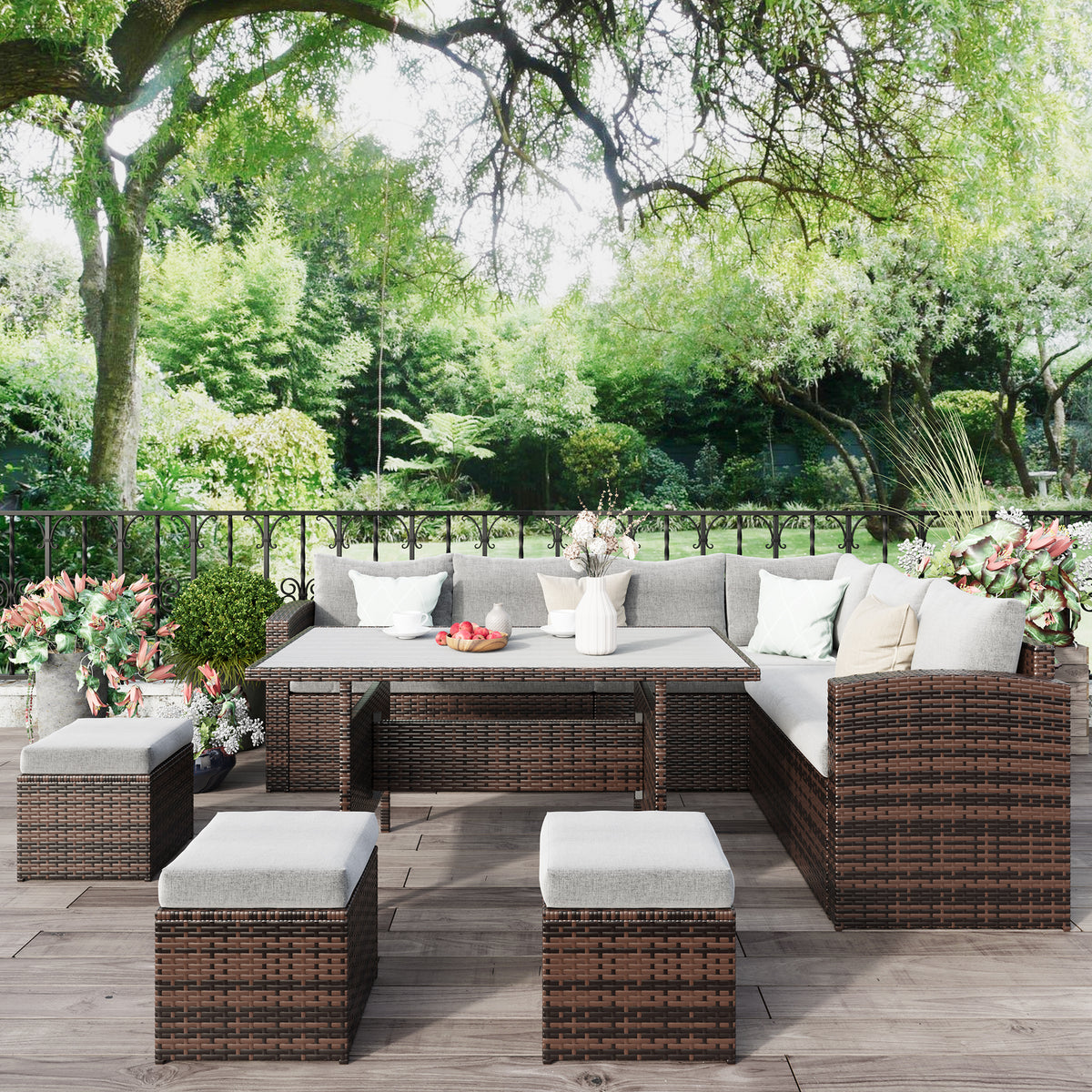 RoyalCraft 7 Piece Outdoor Patio Furniture Set with High Curved Back Sofa, Dining Table & Ottomans, All-Weather Wicker Sectional Conversation Set, Grey