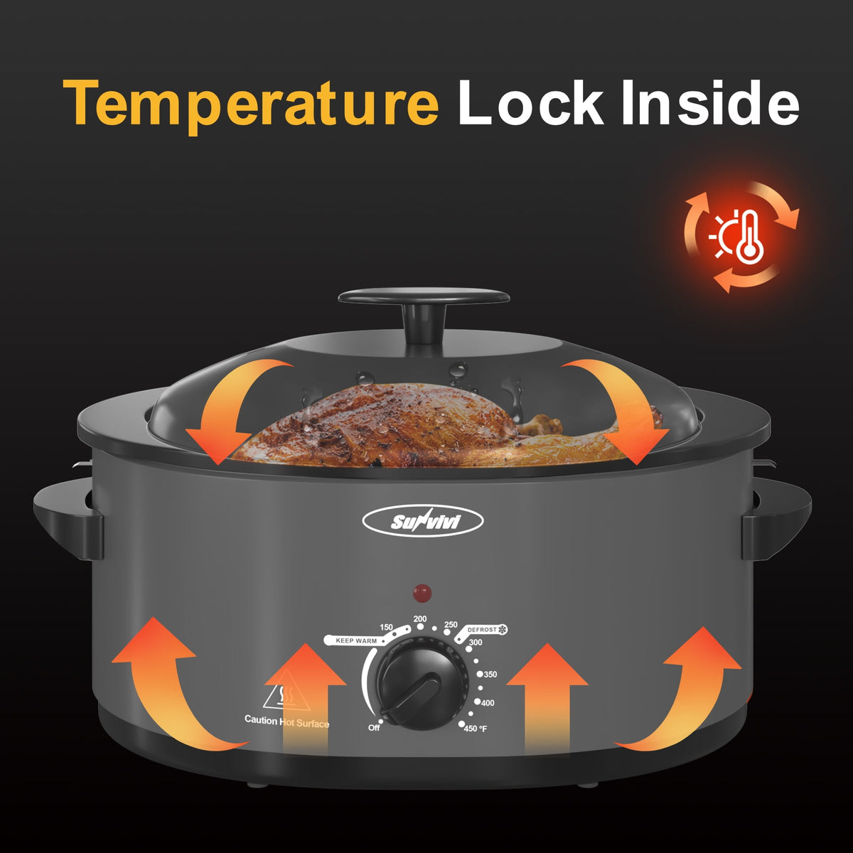 Royalcraft Roaster Oven with Self-Basting Lid, 8qt Electric Roaster with Removable Pan & Rack, Turkey Roaster Oven with Defrost & Warm Function, Stainless Steel, Grey