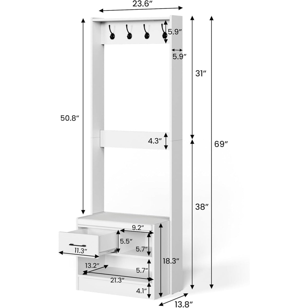 Superjoe Hall Tree with Bench, Entryway Bench with Coat Rack, Shoe Storage, Soft Cushion, Wood Entryway Furniture, White