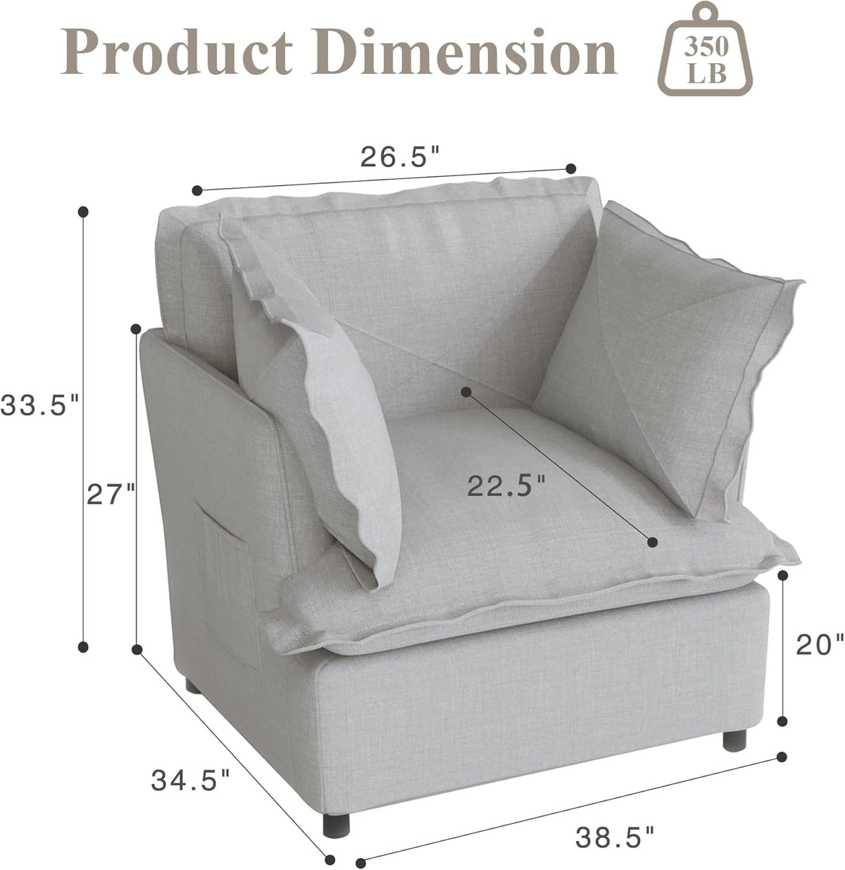 CozyHome Oversized Accent Chair, Mid Century Modern Armchair with Wide Backrest, Comfy Upholstered Reading Single Sofa Chair with 2 Pillows for Living Room, Bedroom, Grey