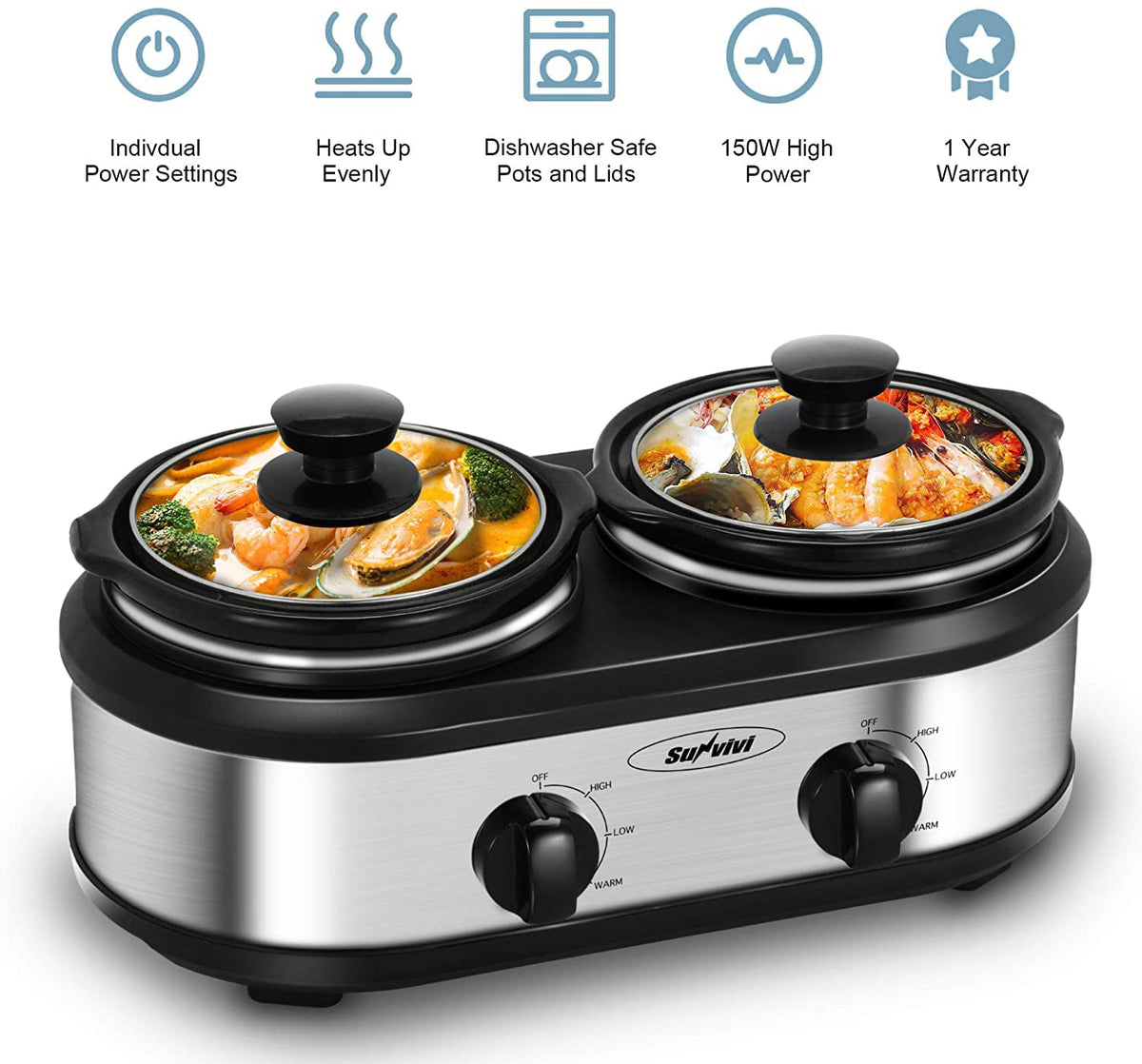Royalcraft Double Slow Cooker,2 Pot Small Mini Crock Buffet Servers and Warmer,Dual Pot Oval Manual Slow Cooker with Adjustable Temp Removable Ceramic Pot,Stainless Steel, Total 2.5 Quarts Black