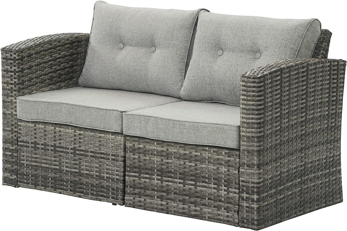 RoyalCraft Modular Collections Patio Sofa Chair with Ottoman, Outdoor Brown Rattan Lounger Sofa Chair Set with Seat and Back Cushions, Aluminum Frame