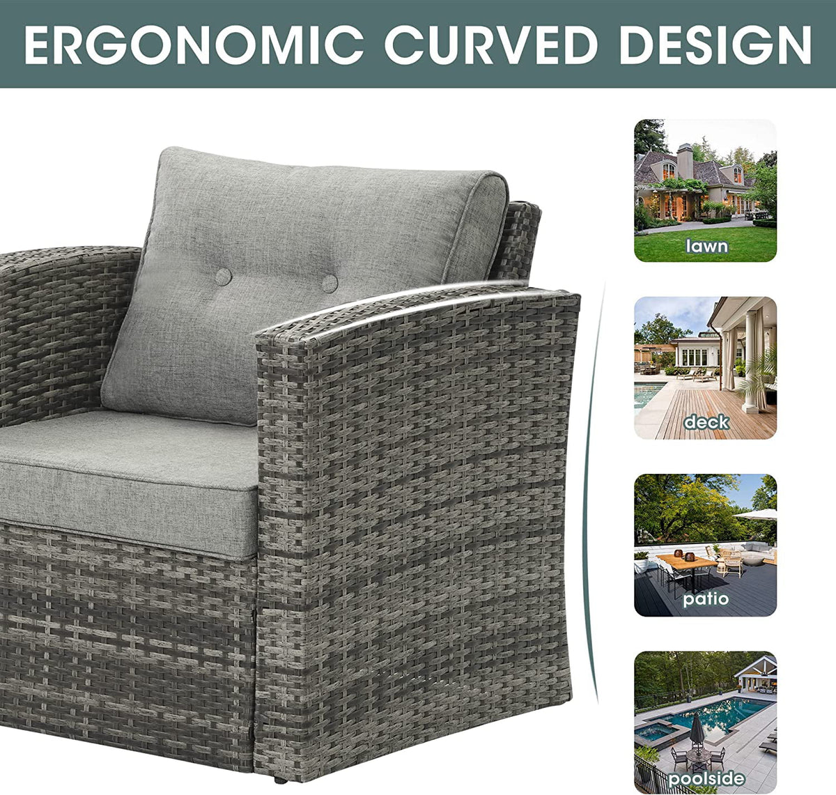 Royalcraft Patio Wicker Chair All Weather Wicker Single Armchair Rattan Sectional Sofa for Garden, Beach, Balcony and Poolside, Aluminum Frame