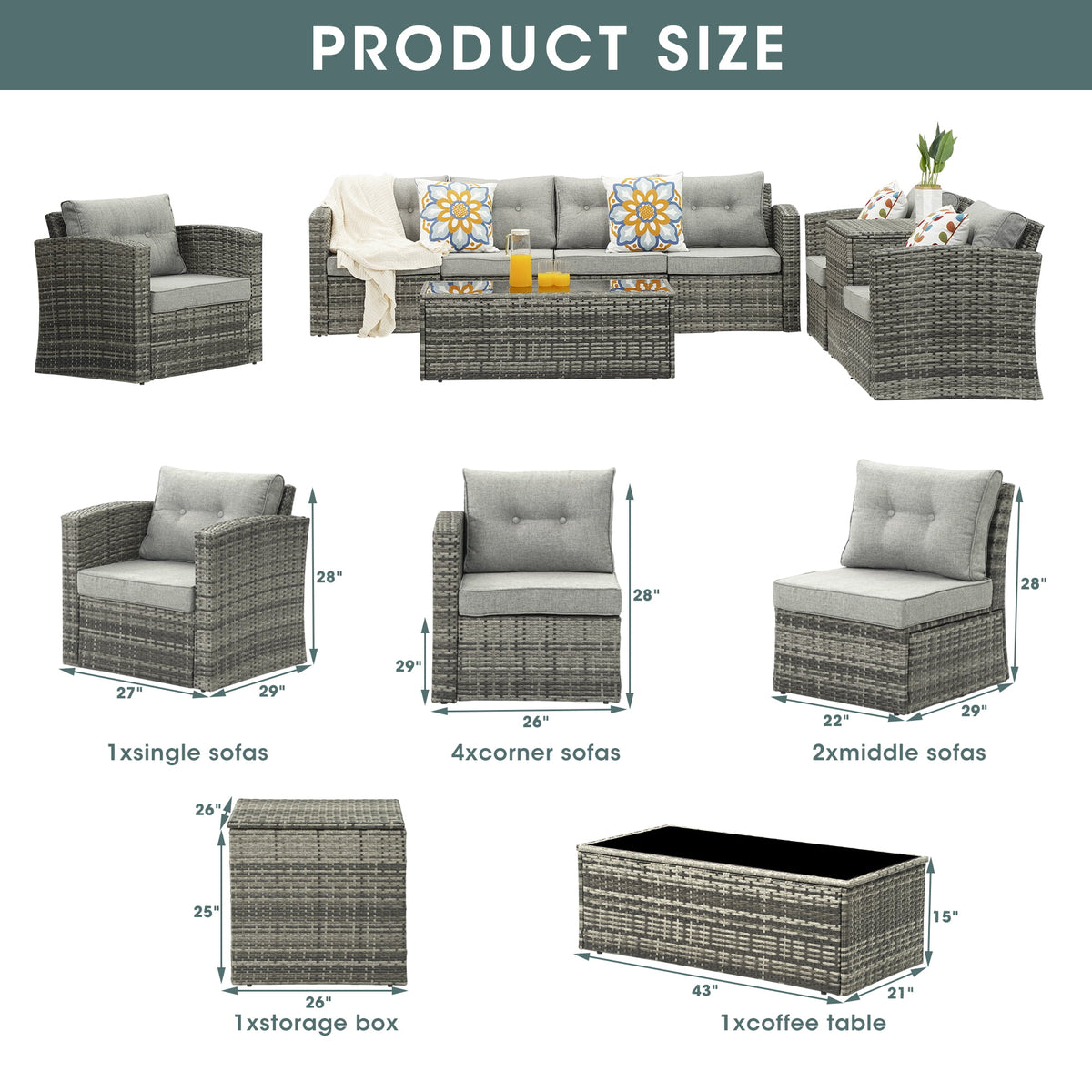Royalcraft Outdoor Patio Furniture Set,9 Pieces Outdoor Sectional Wicker Sofa PE Rattan Conversation Sets with Non-slip Cushions,Aluminum Frame,Grey