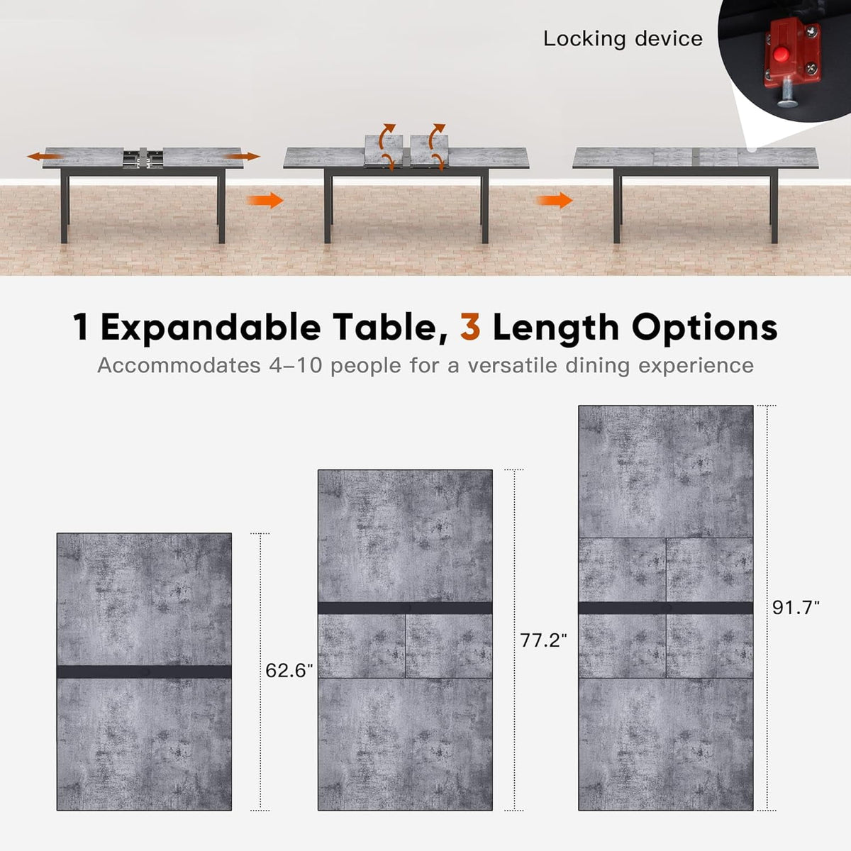 92” Dining Room Table for 4-10 People, Large Extendable Dining Table, Rectangular Aluminum Kitchen Table for Living Room, Office Area, Grey