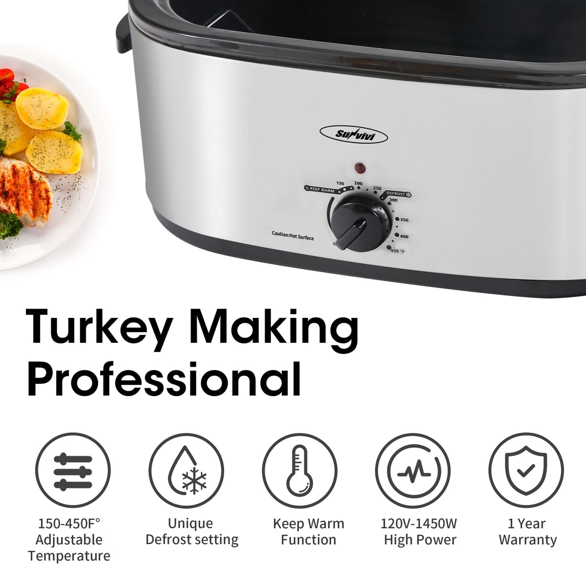 RoyalCraft 24 Quart Electric Roaster Oven with Visible & Self-Basting Lid, Stainless Steel, Silver