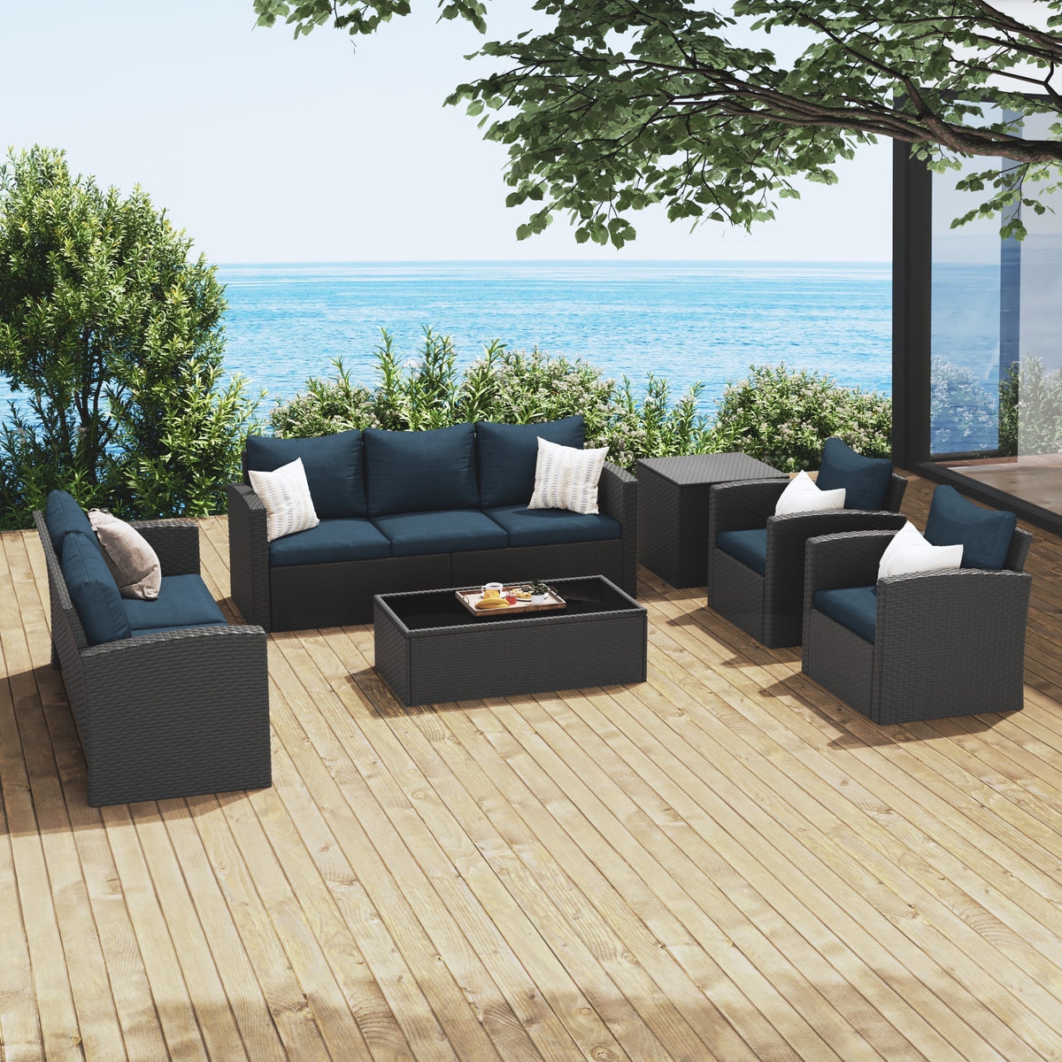 Royalcraft 9 Pieces Patio Furniture Set, All Weather PE Wicker Rattan Outdoor Sectional Sofa, Outdoor Sectional Sofa for Lawn Backyard Poolside Porch Garden, Blue