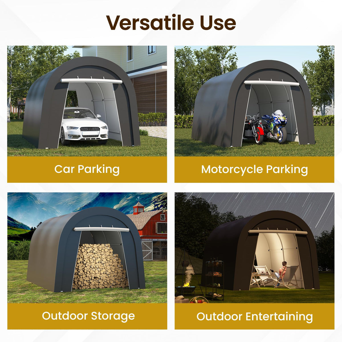RoyalCraft Domed Carport, Portable Garage with 2 Roll up Doors, Heavy Duty Car Canopy Party Tent, All-Season Storage Shelter Shed Carport for Motorcycle, Boat, Truck, or Garden Tools, 10' x 20'