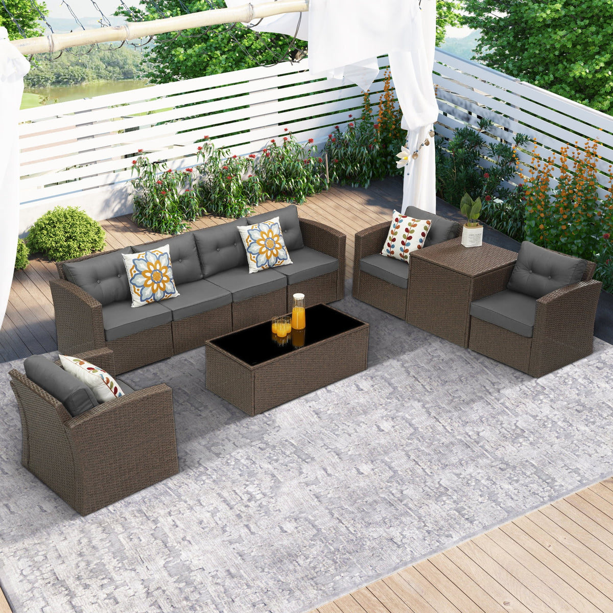 Royalcraft Outdoor Patio Furniture Set,9 Pieces Outdoor Sectional Wicker Sofa PE Rattan Conversation Sets with Non-slip Cushions,Aluminum Frame,Grey