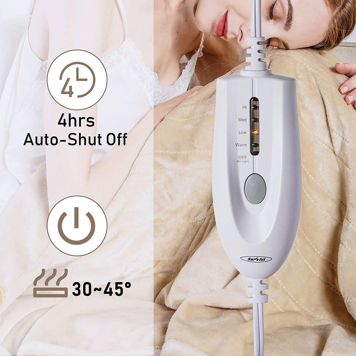 Royalcraft Electric Blanket Queen Size with Dual Controllers,10 Heating Levels& 12 Hours Auto-off, Blue