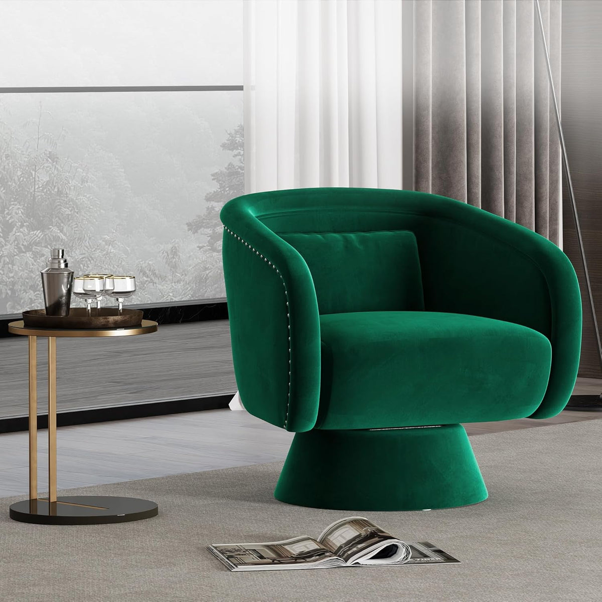 Superjoe Swivel Barrel Chair,360 Degree Swivel Accent Chair, Modern Round Chair with Pillow, Comfy Fabric Living Room Chairs for Bedroom, Office, Green