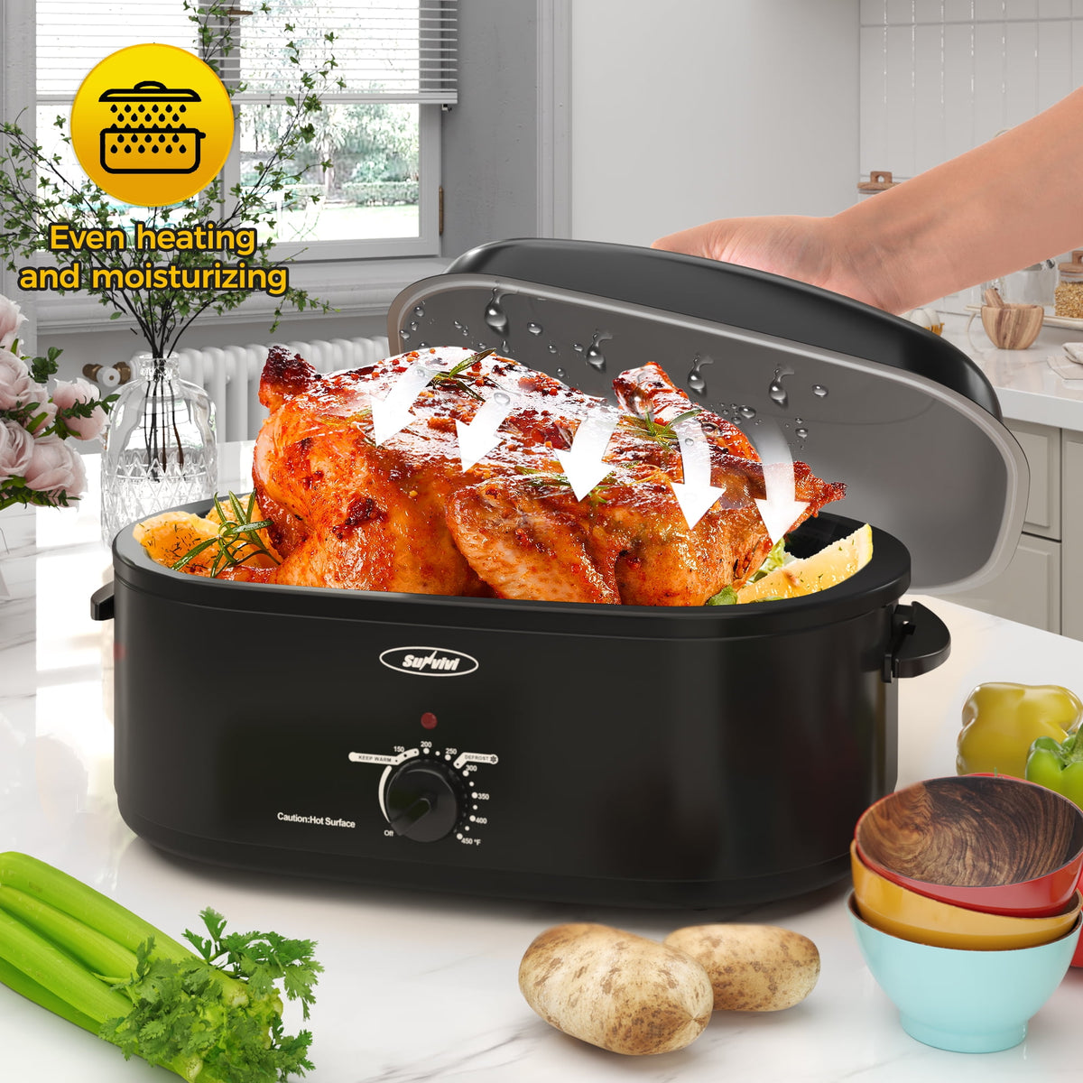 18 Quart Turkey Electric Roaster Oven with Self-Basting Lid, Stainless Steel, Black