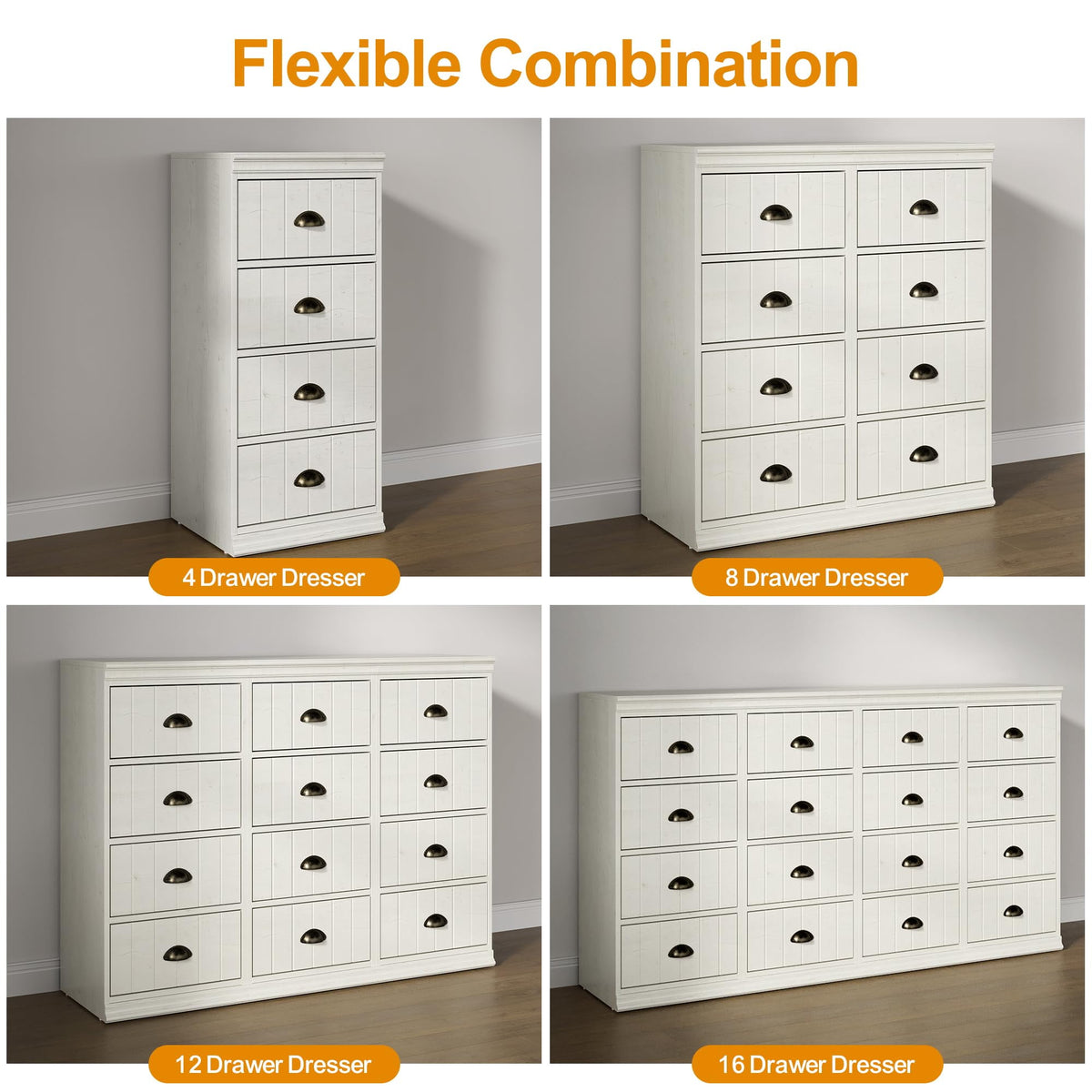 CozyHome Fluted Dresser with 4 Drawers, White Closet Dresser with Vintage Bronze Metal Handles, Modern Dresser Organizer with Soft-Close Drawers, Chest of Drawers for Bedroom, Living Room, Entryway