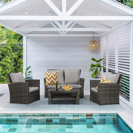 Superjoe 4 Pcs Outdoor Patio Furniture Sets,Wicker Conversation Set Rattan Sofa with Coffee Table and Cushions, Gray