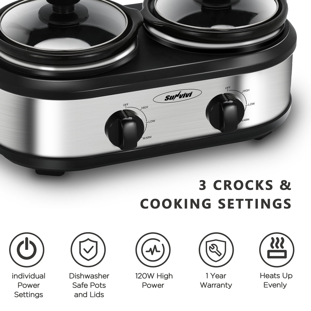 Royalcraft Double Slow Cooker, 2 Pot 1.25 Quart Oval Crock Food Warmer Buffet Server, Stainless Steel