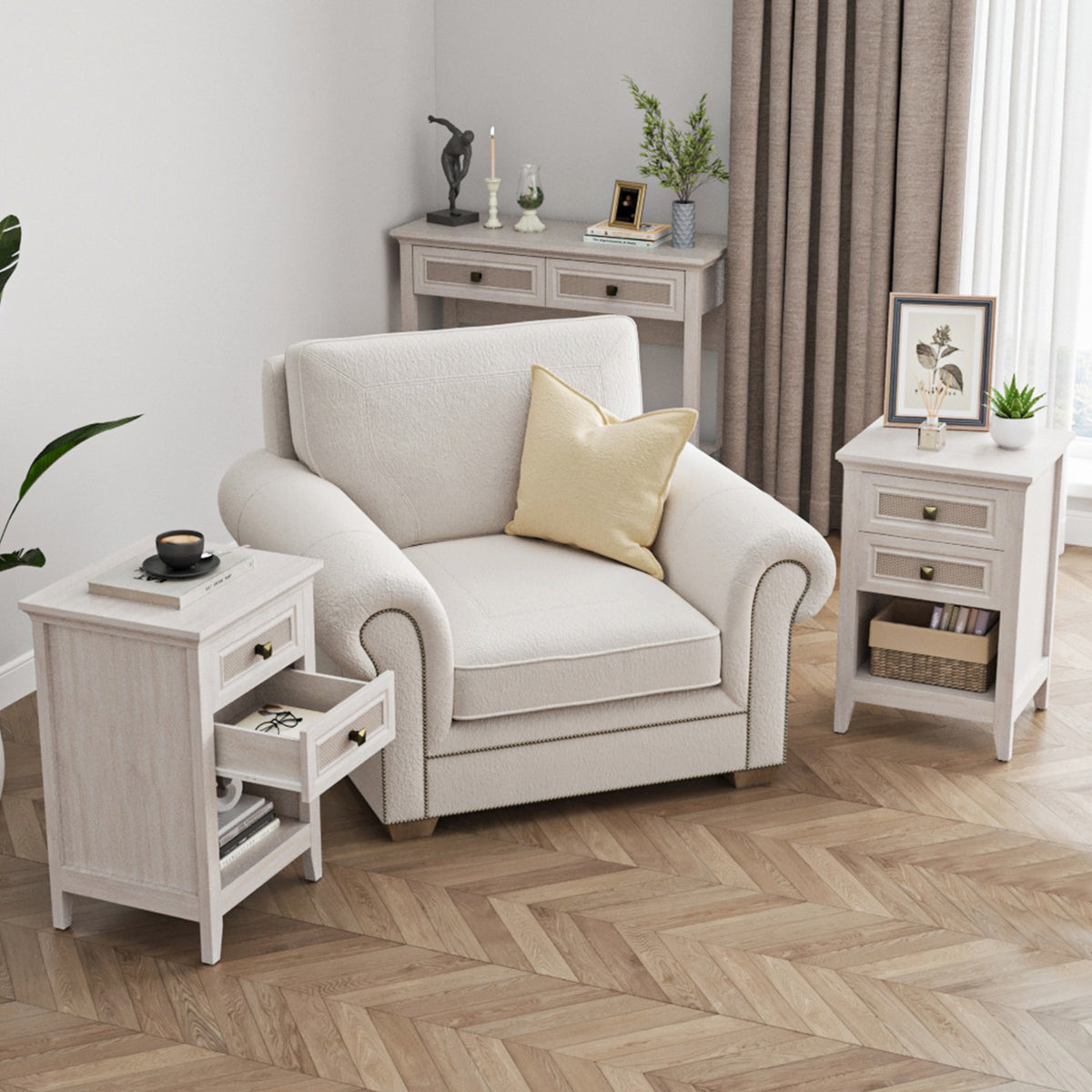 Royalcraft Farmhouse Nightstand, Boho Bedside Table with 2 Rattan Decor Drawers, Accent End Table with Open Storage Shelf, Wood Bedside Unit for Bedroom, Living Room, Home Office, Grayish White