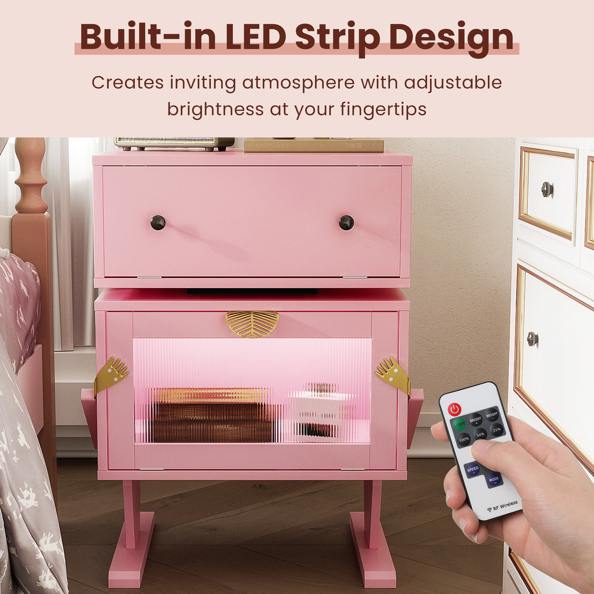 Nightstand with 360¡ã Rotating Drawer and LED Light Strip