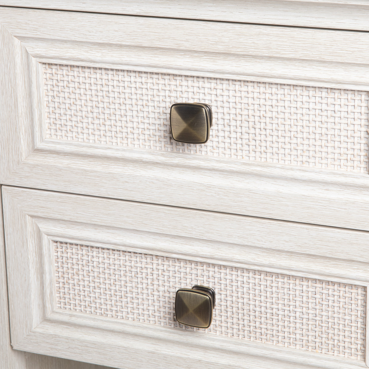 Royalcraft Farmhouse Nightstand, Boho Bedside Table with 2 Rattan Decor Drawers, Accent End Table with Open Storage Shelf, Wood Bedside Unit for Bedroom, Living Room, Home Office, Grayish White